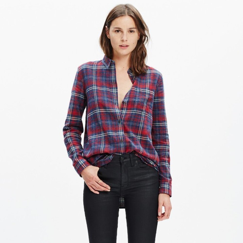 Madewell Bainbridge Blue Red Plaid Button Front Flannel Top Grunge Lumberjack